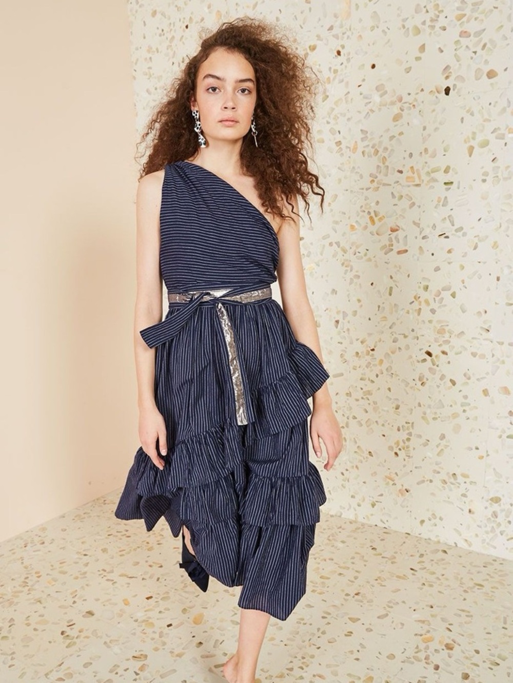 Ulla Johnson Blue Pinstripe One-Shoulder Maxi Dress